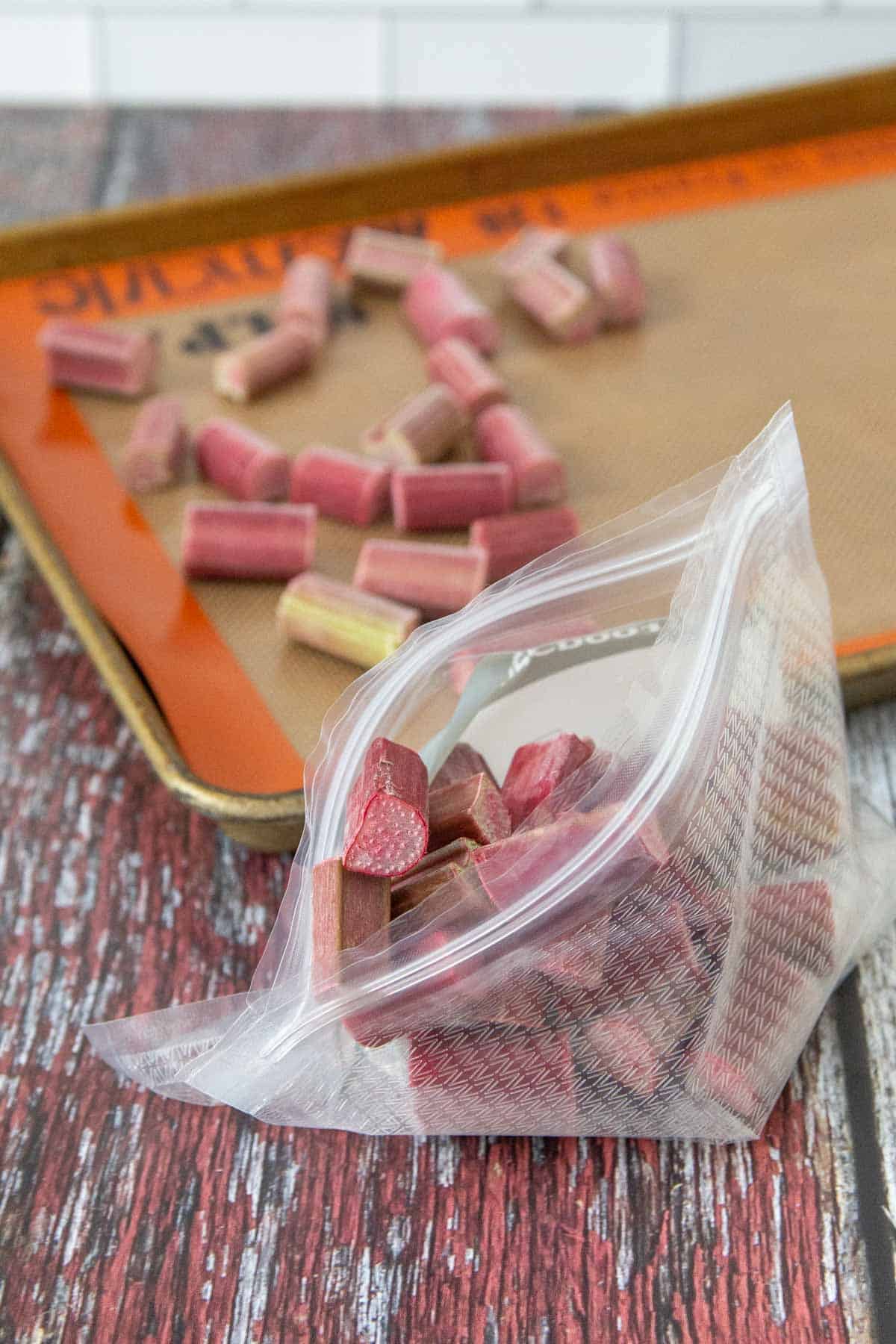 freezer bag of rhubarb with sheet pan