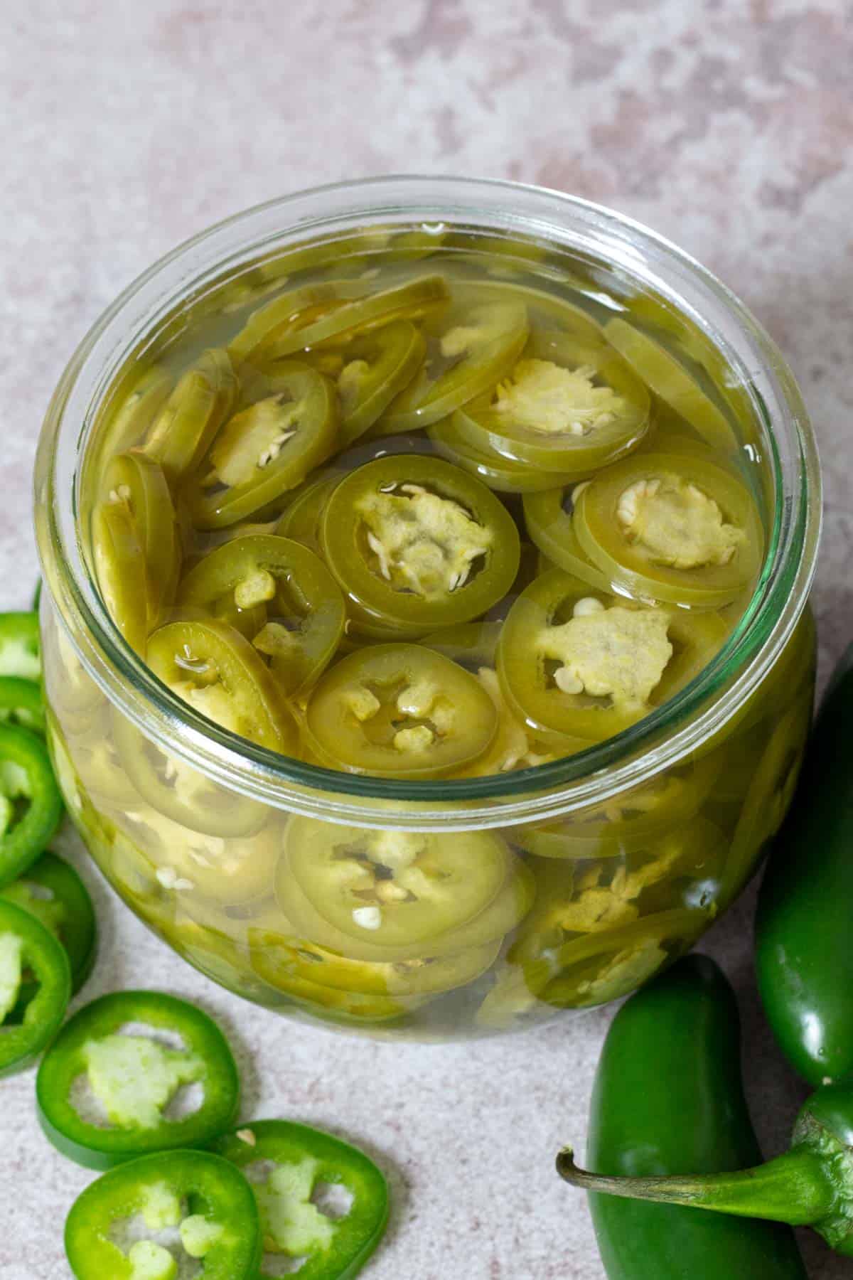 overhead jar of pickled jalapeños