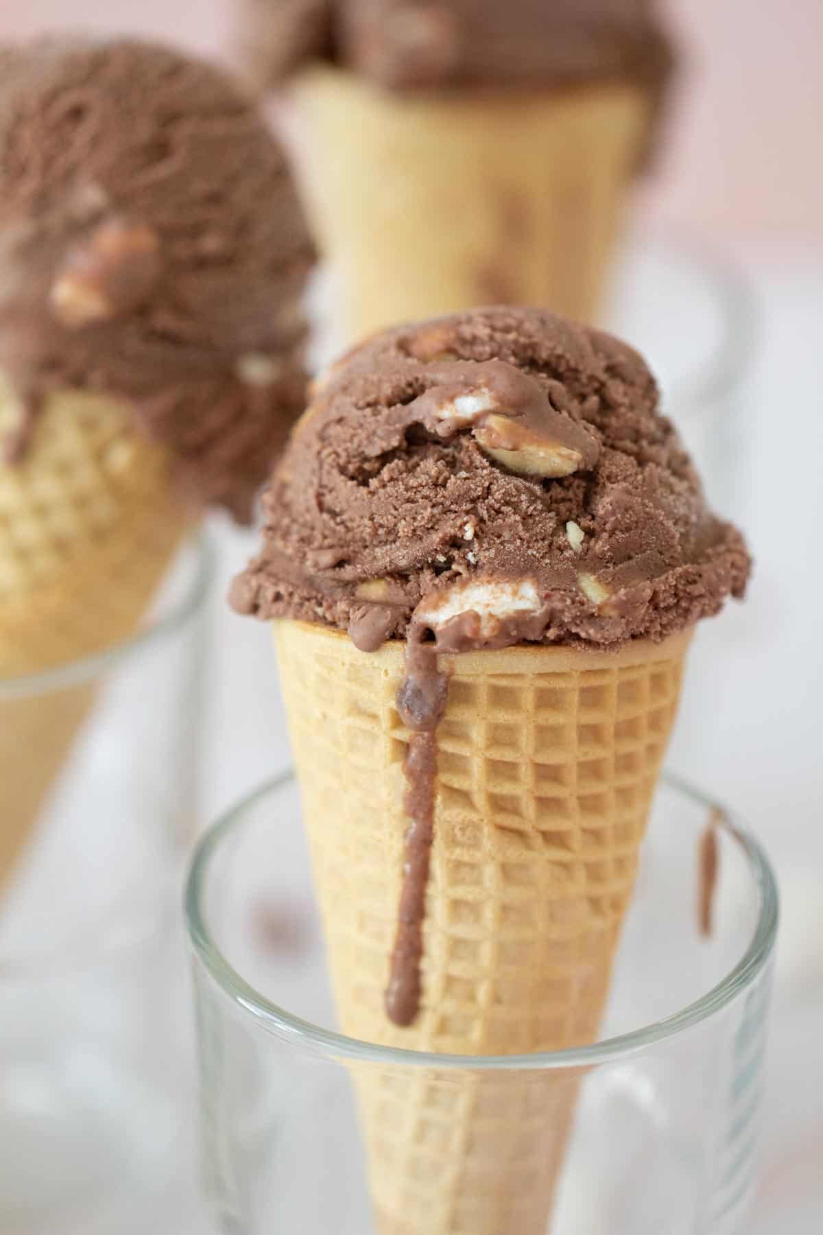 rocky road ice cream in a cone