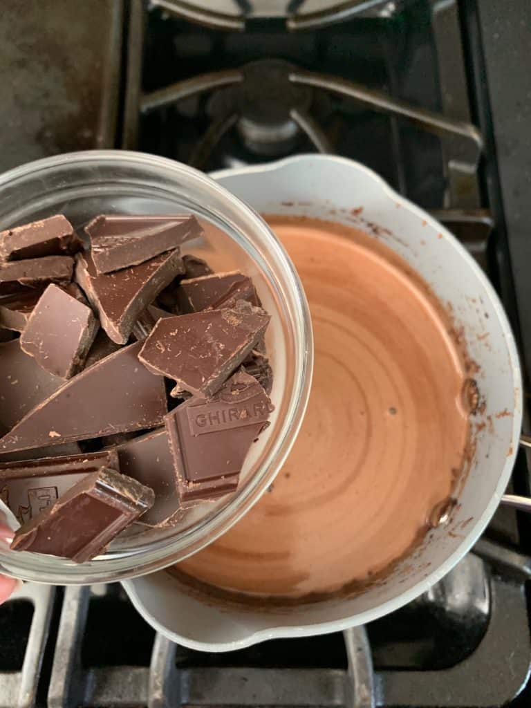 adding chocolate to ice cream mixture