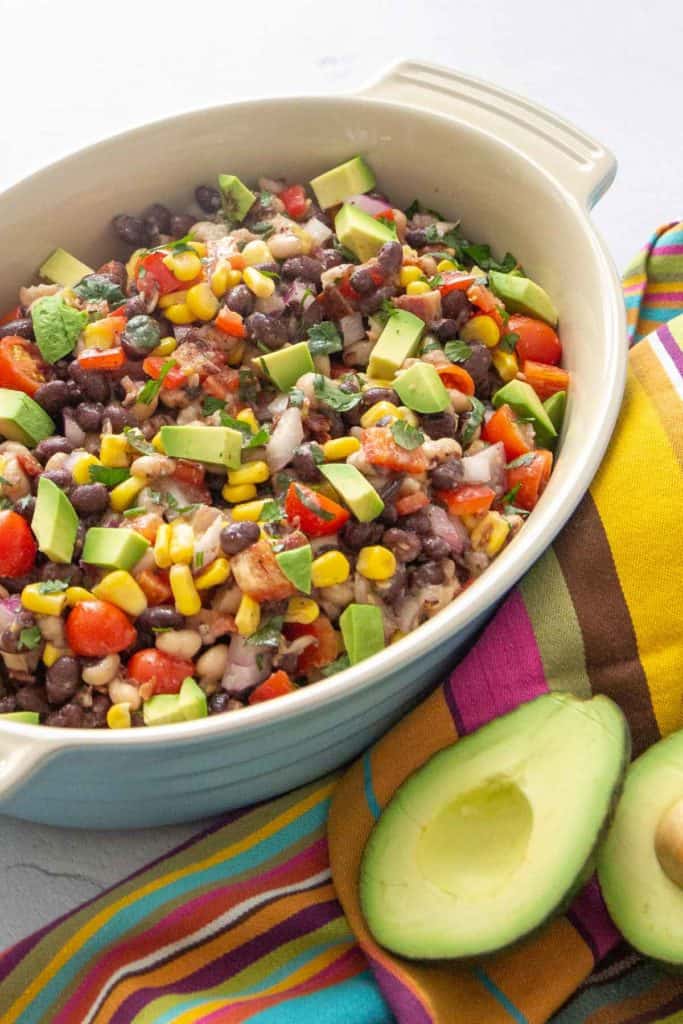 serving dish with texas caviar and avocado