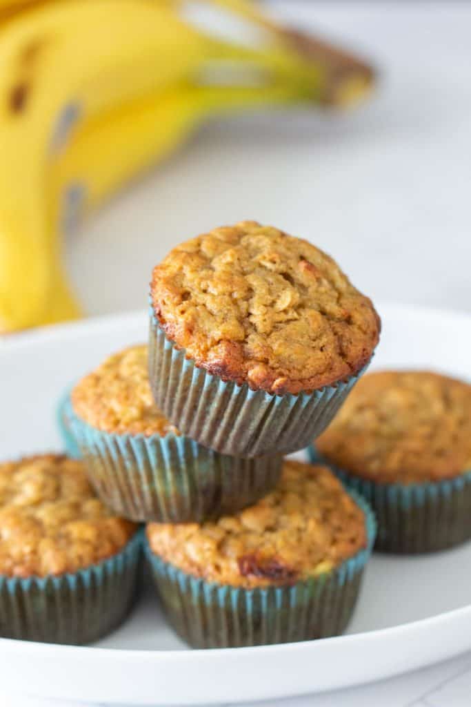 stack of banana oat muffins