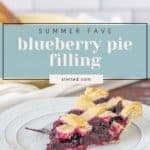 A slice of blueberry pie with lattice crust and rich blueberry pie filling sits on a white plate, with text overlay reading "Summer Fave Blueberry Pie Filling stetted.com.