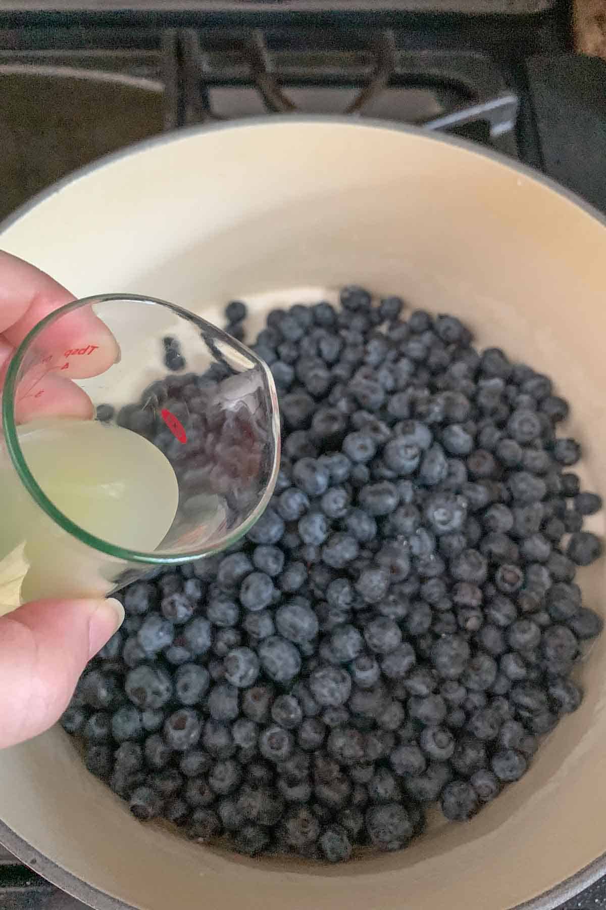 adding lemon juice to blueberry pie filling