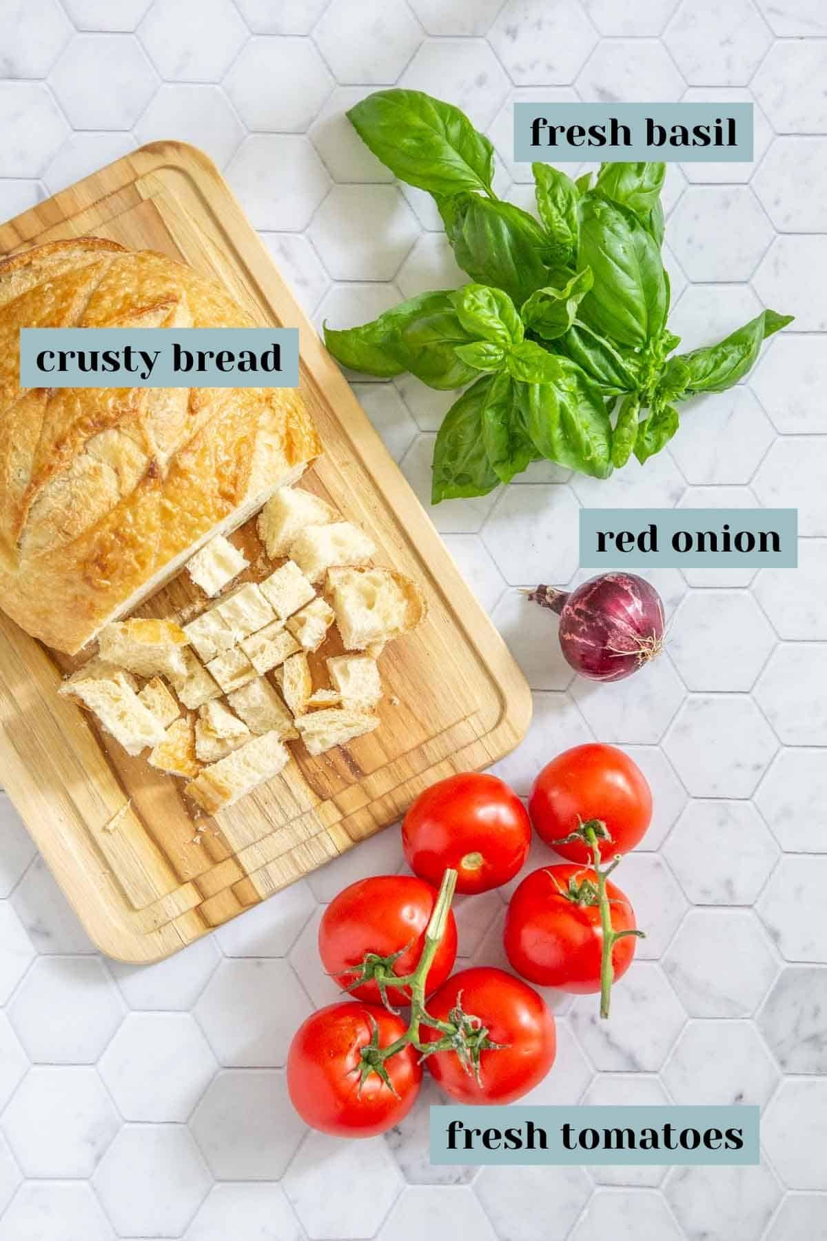 panzanella salad ingredients with labels