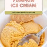 A white bowl with two scoops of creamy pumpkin ice cream, a spoon, and a cracker sits below a sign reading "Pumpkin Ice Cream. Get the recipe at stetted.com.