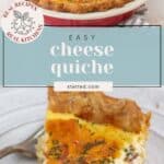 A whole cheese quiche in a pie dish and a slice of cheese quiche on a plate with a fork, showing a golden, flaky crust and herbs on top.