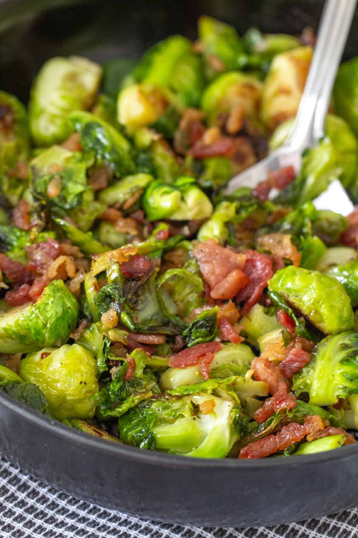 close up of maple bacon brussels sprouts
