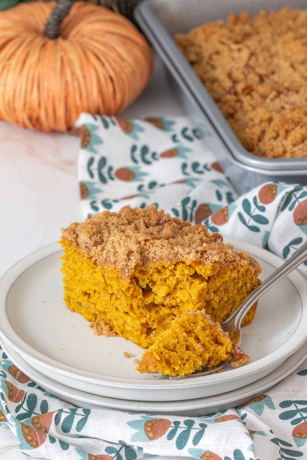 slice of pumpkin coffee cake with fork