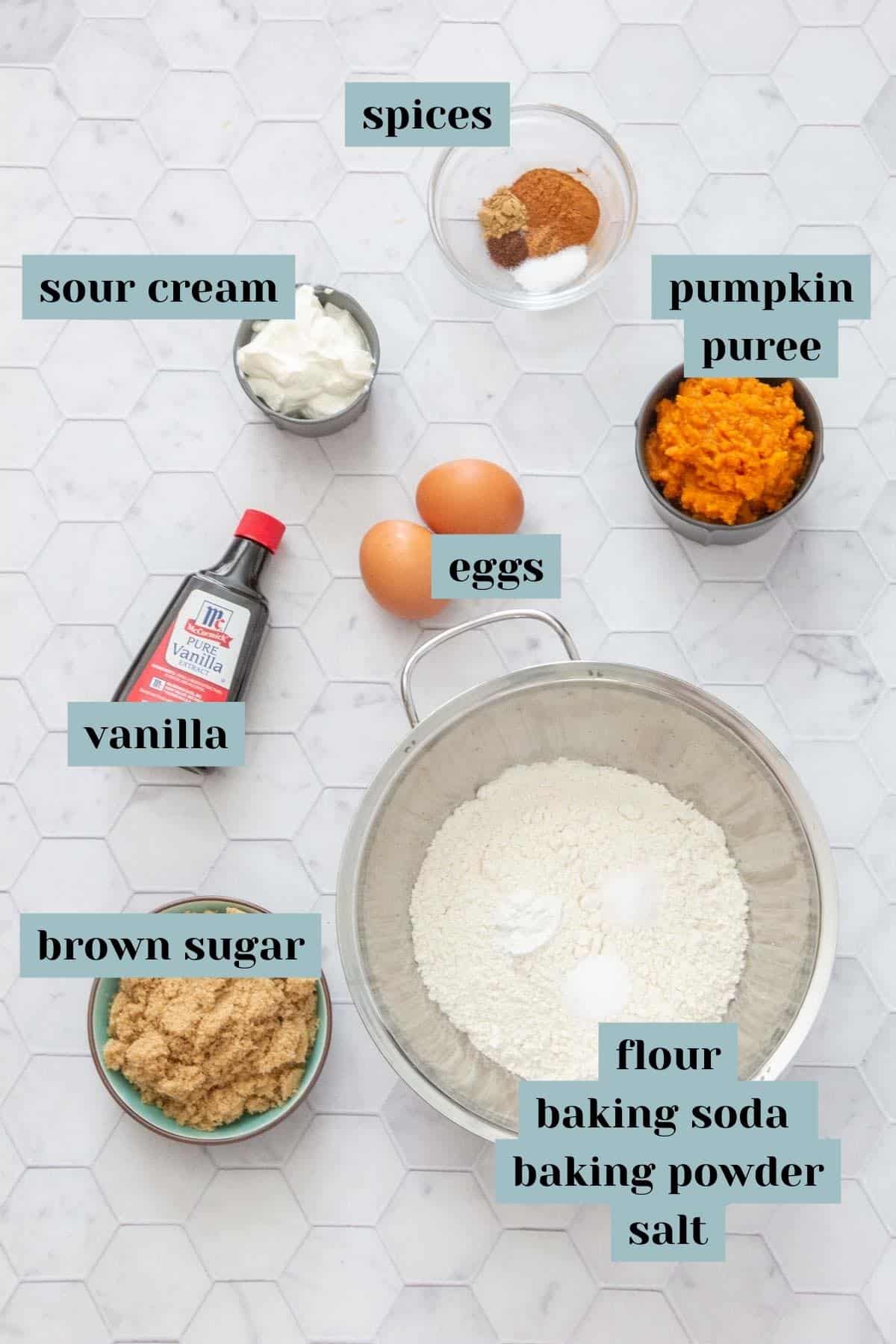 ingredients for pumpkin coffee cake with labels