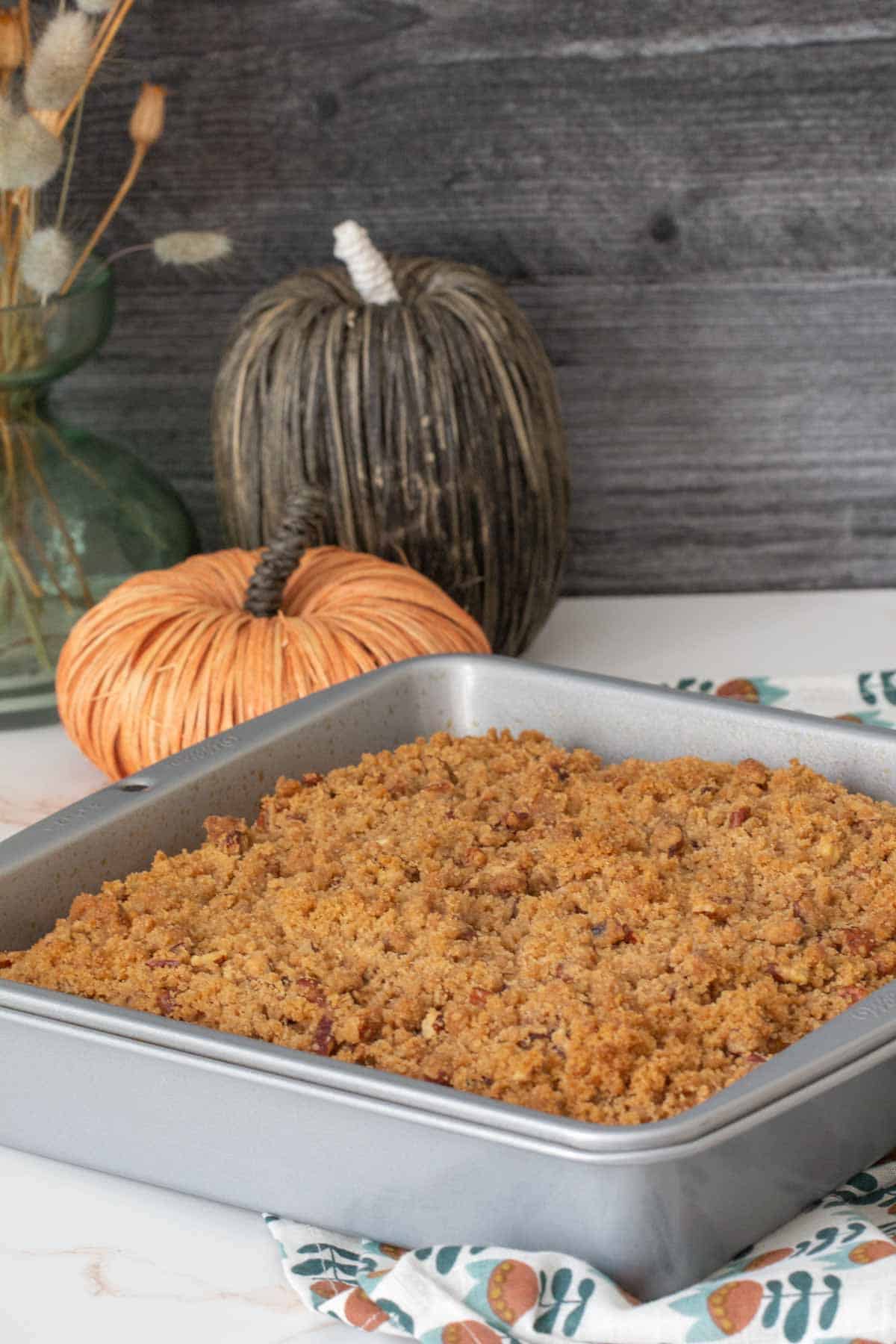 pumpkin coffee cake in baking pan