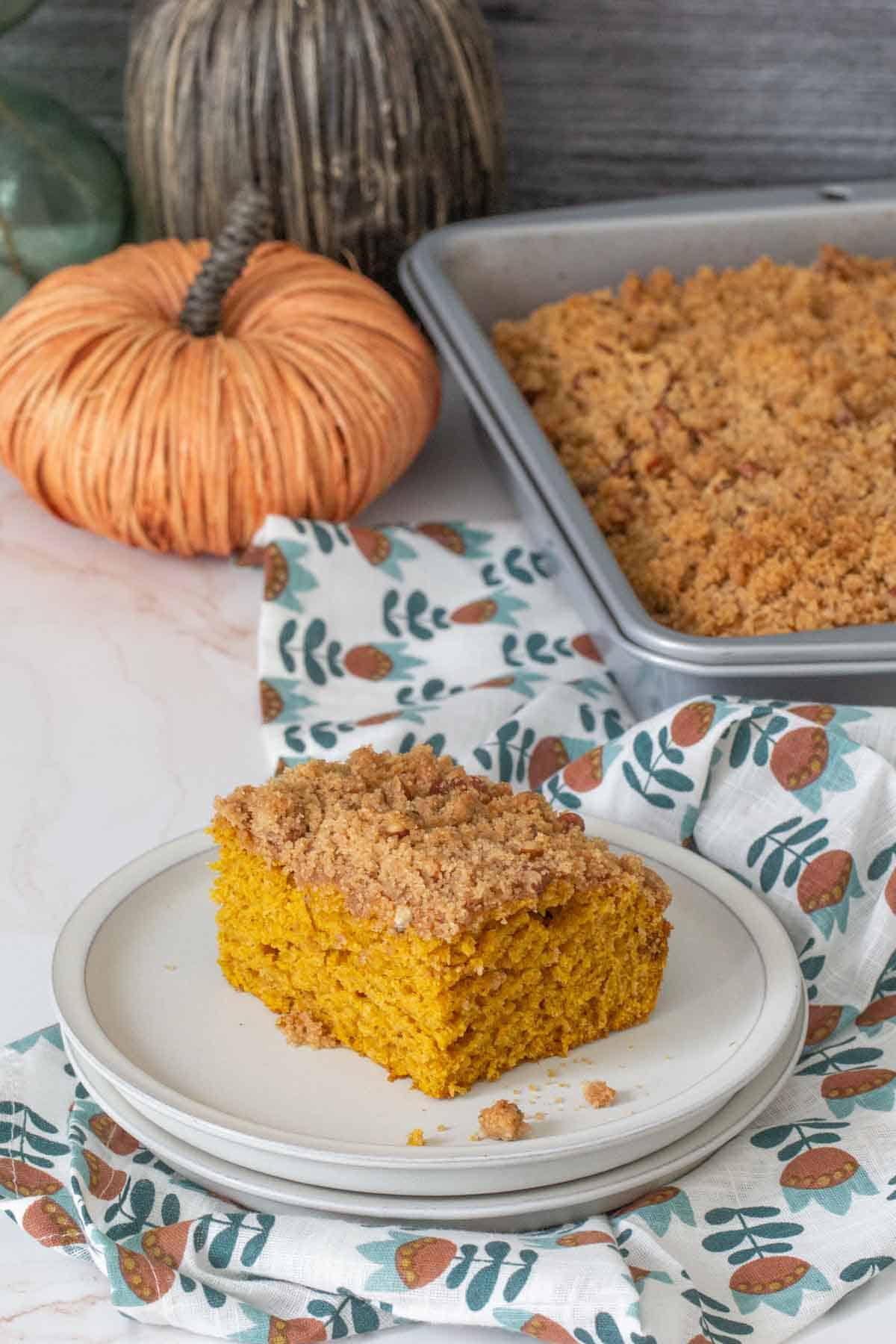 slice of pumpkin coffee cake on plate