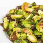 close up bowl of roasted brussels sprouts