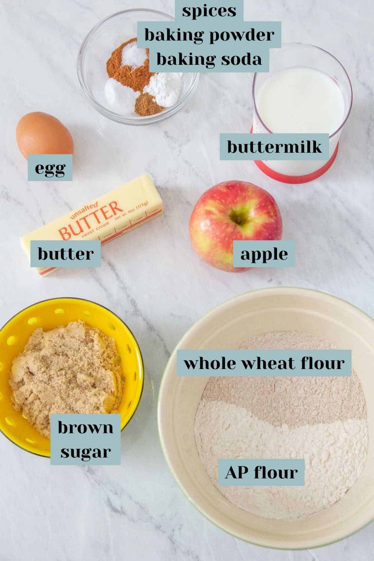 ingredients for apple cinnamon muffins with labels