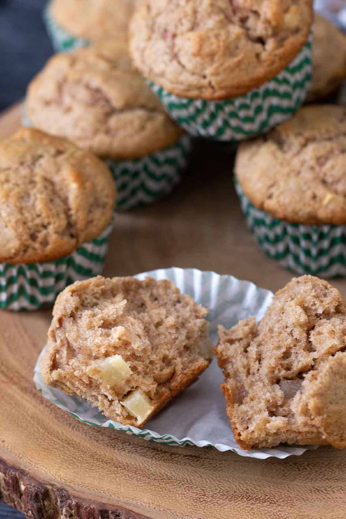 apple cinnamon muffin broken in half