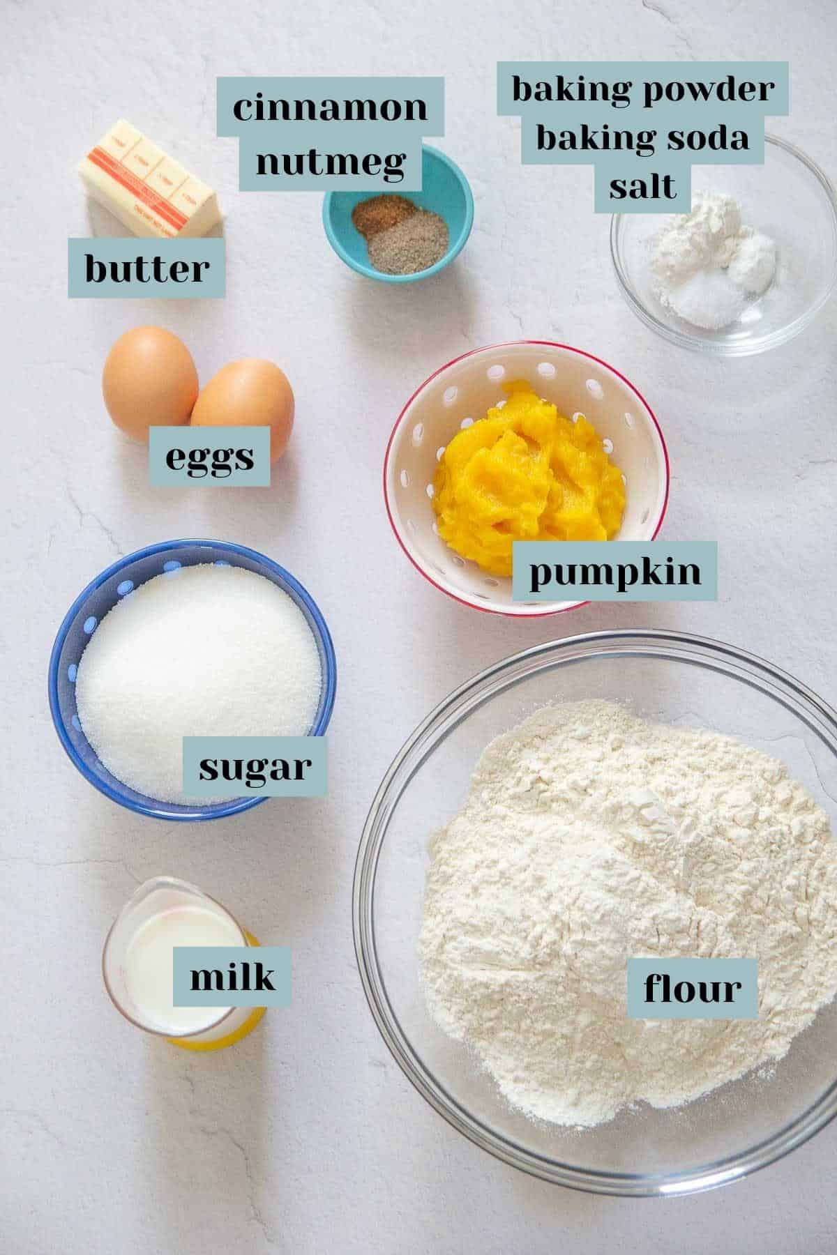 ingredients for pumpkin donuts with labels