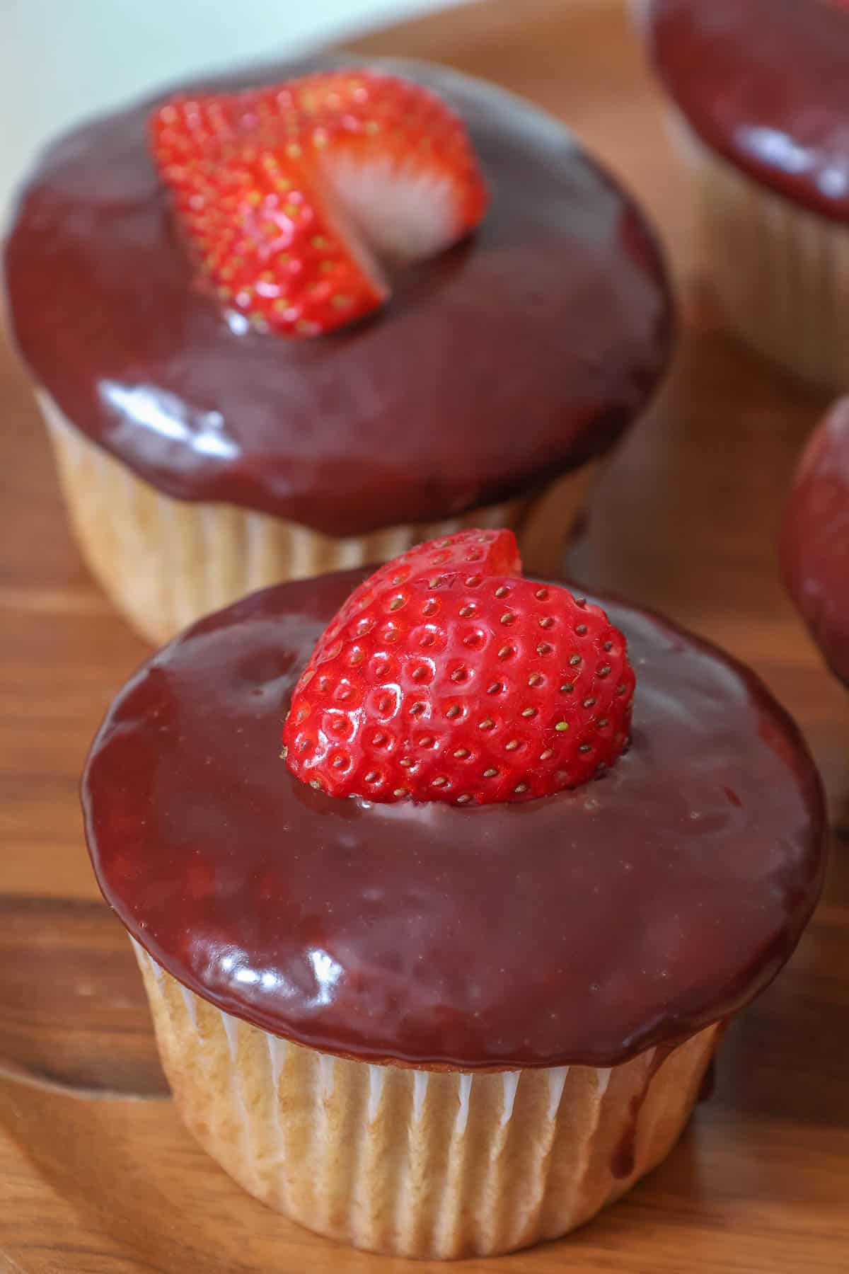 close up of chocolate covered strawberry cupcake