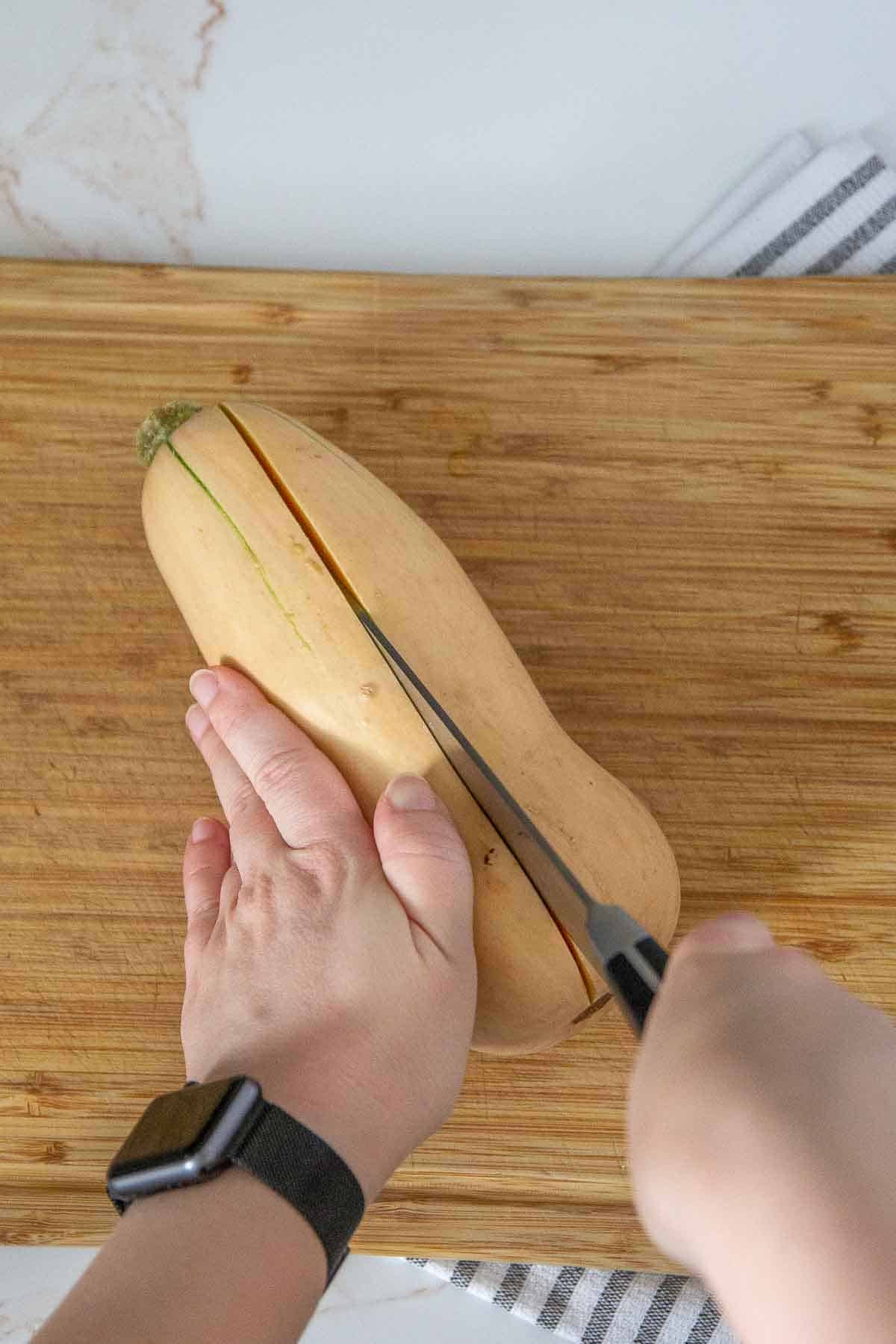 cutting butternut squash vertically