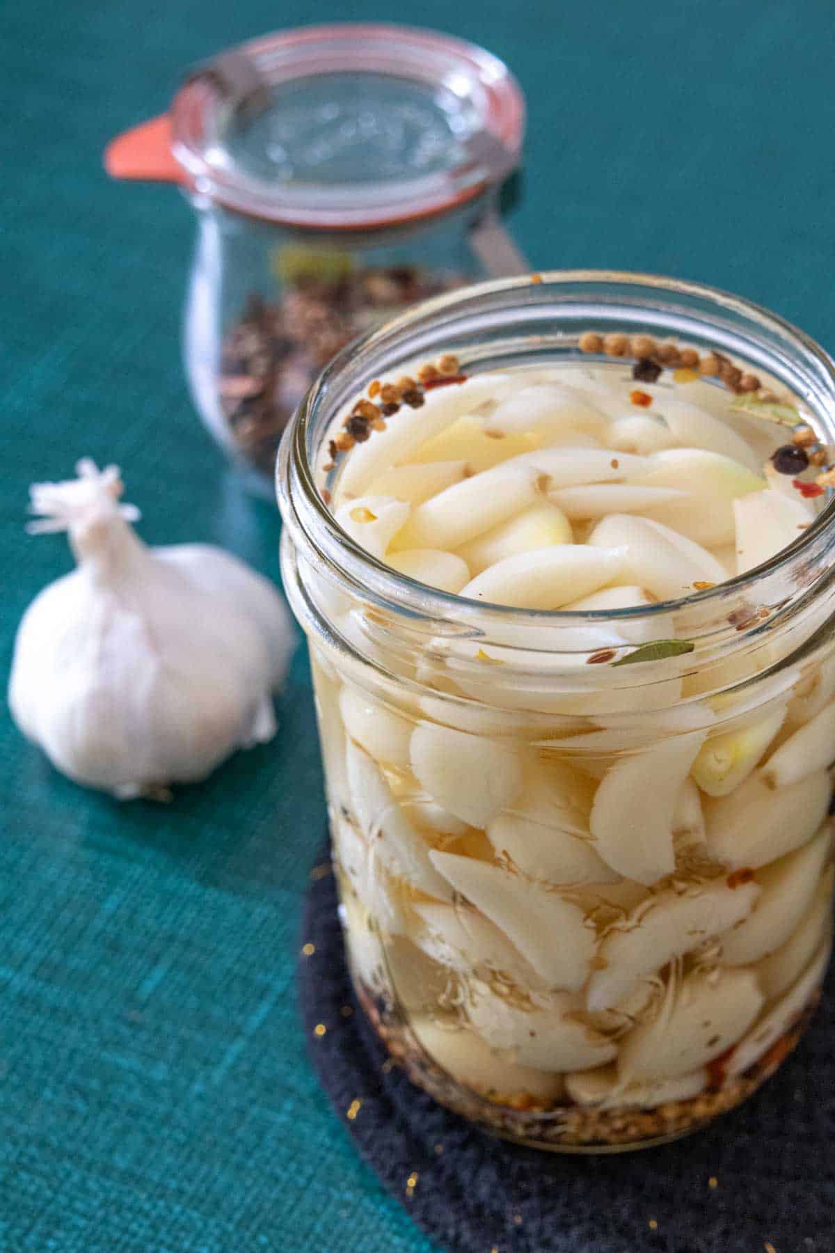 glass jar of pickled garlic