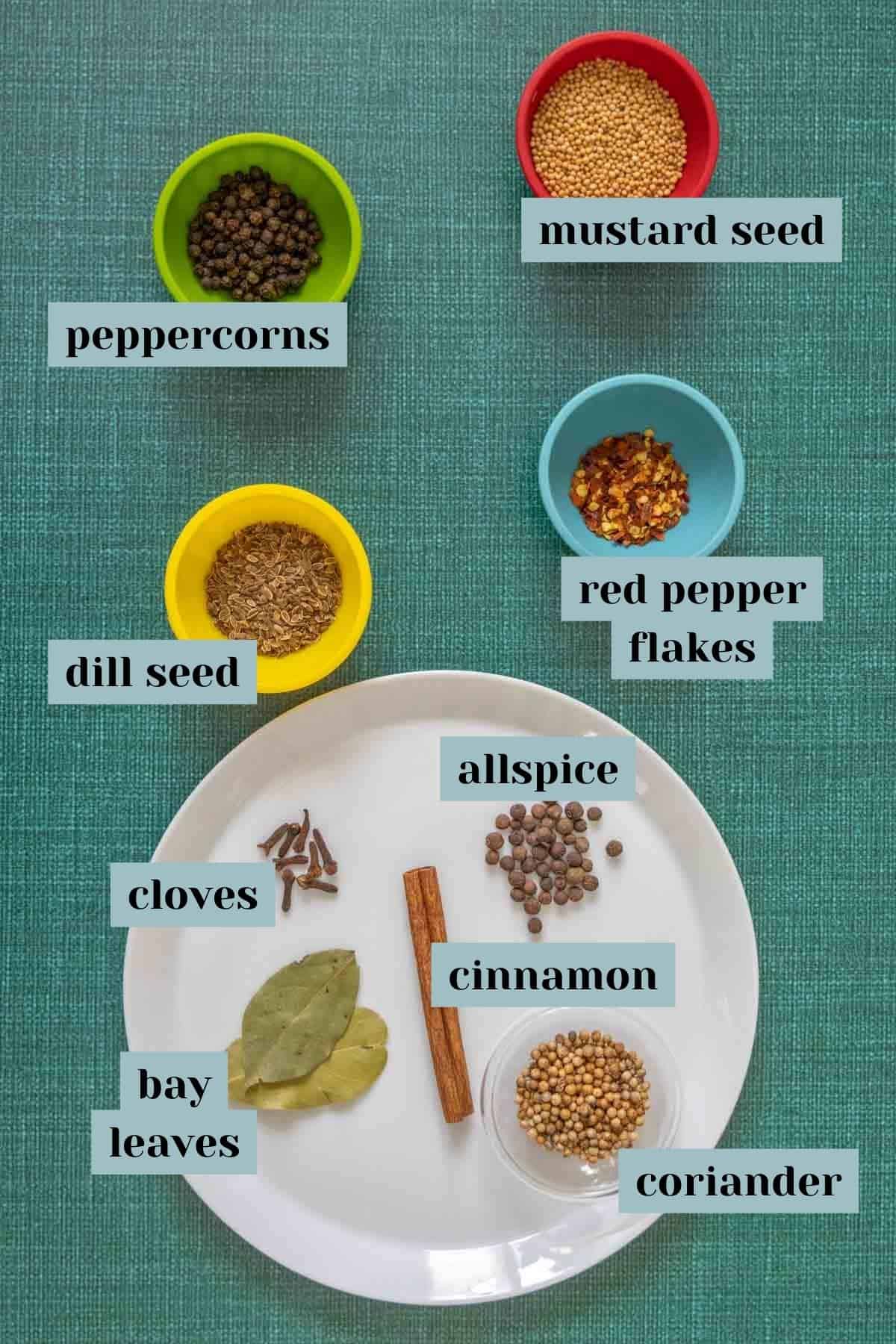 ingredients for pickling spice with labels