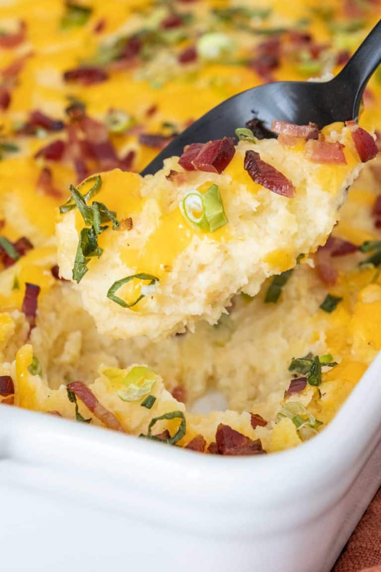 serving spoon of twice baked mashed potatoes