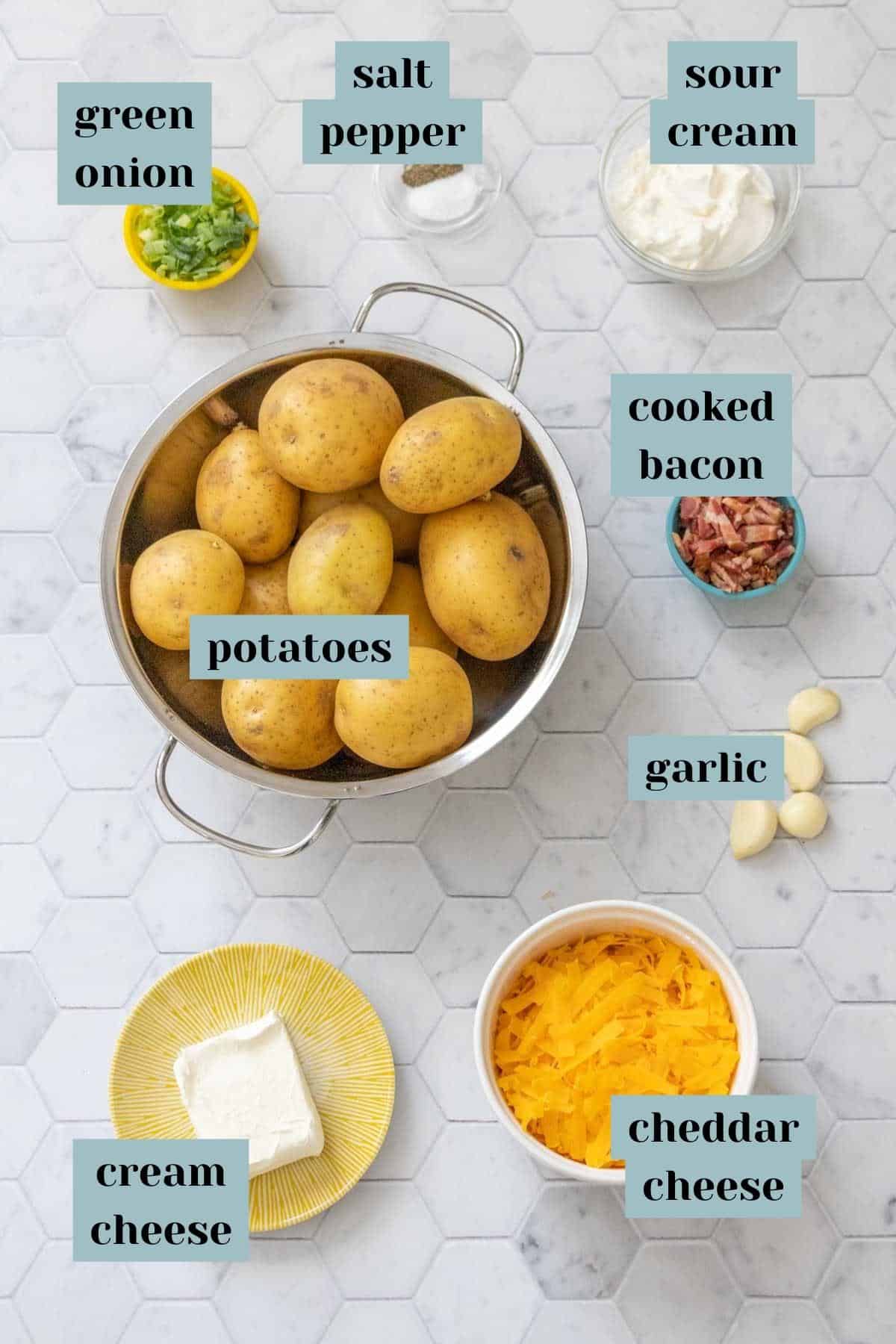 ingredients for twice baked mashed potatoes with labels