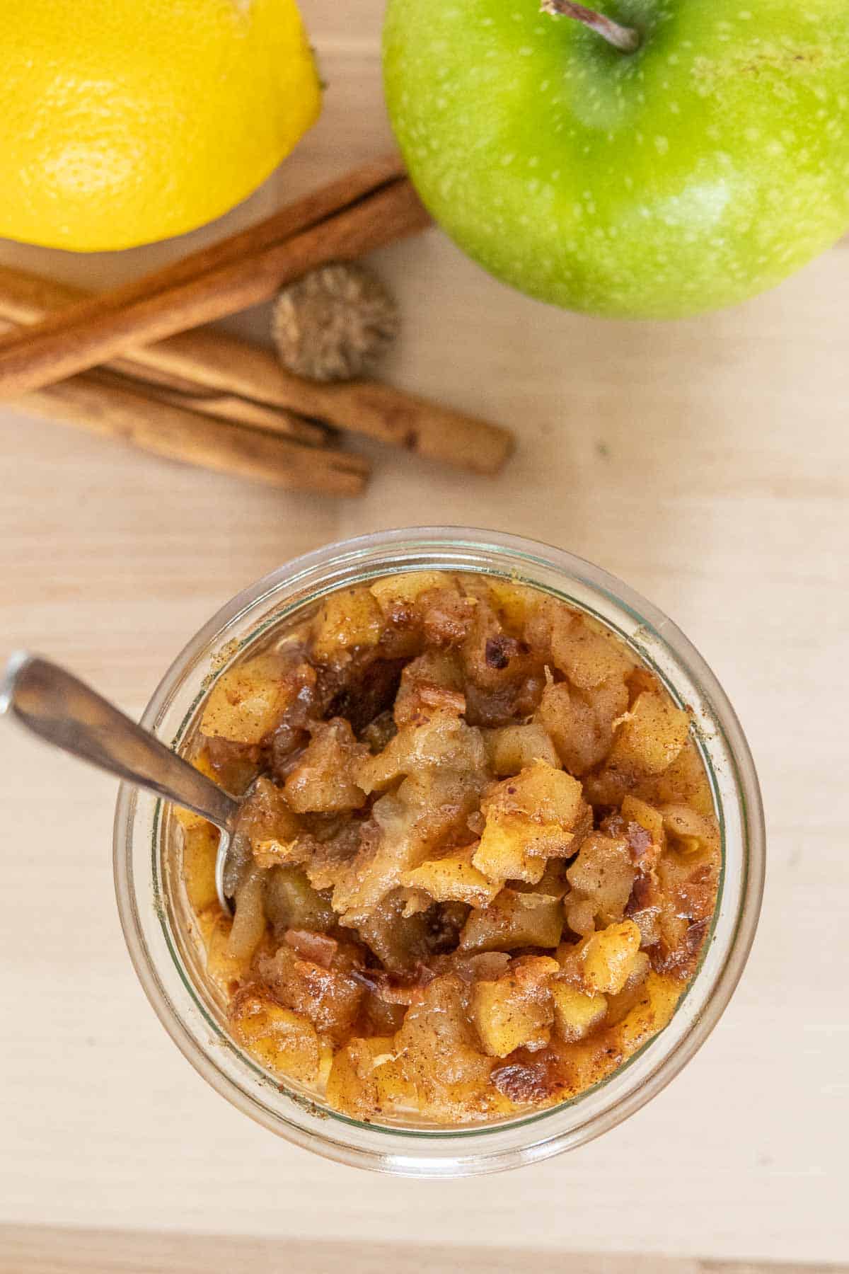 Apple compote in a jar from above.