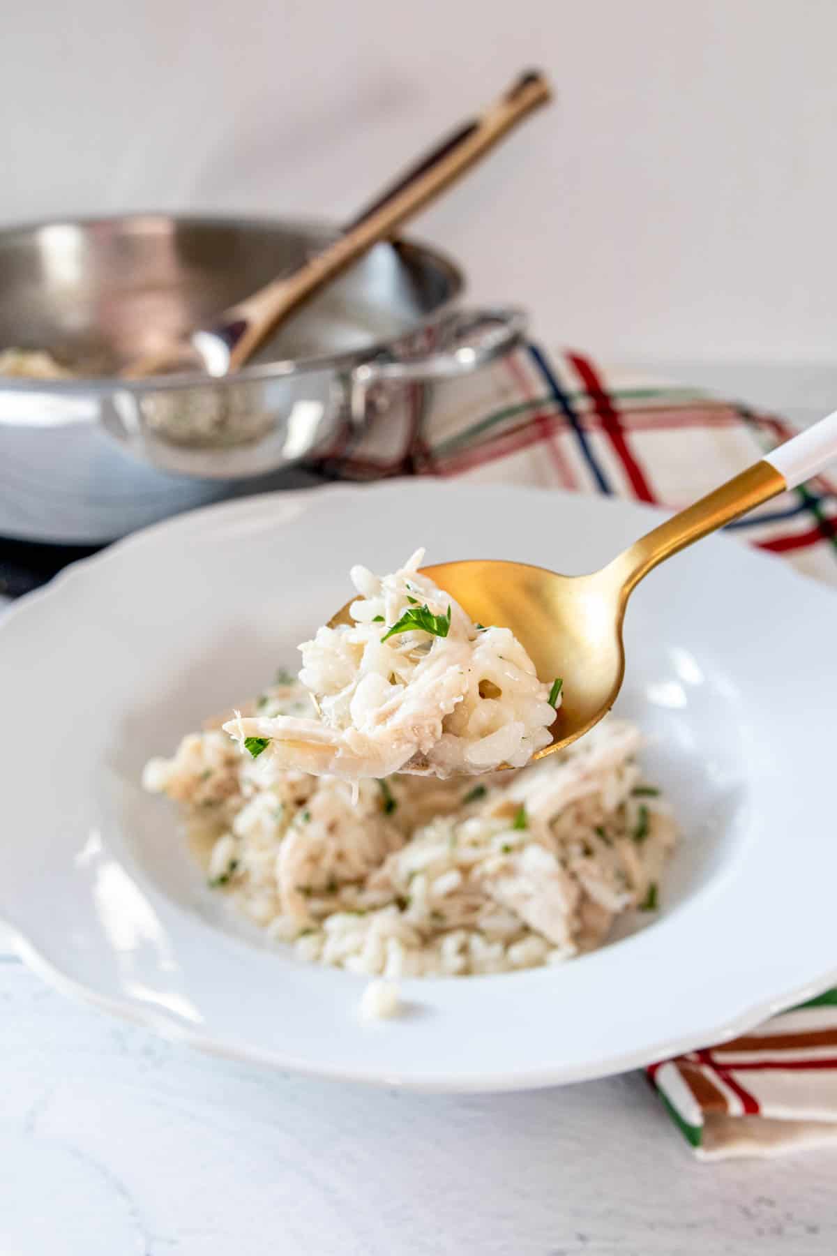 Spoonful of chicken risotto being held up above a bowl of risotto.
