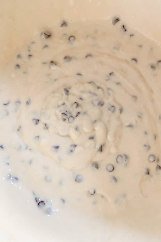 Chocolate chip pancake batter in a bowl.