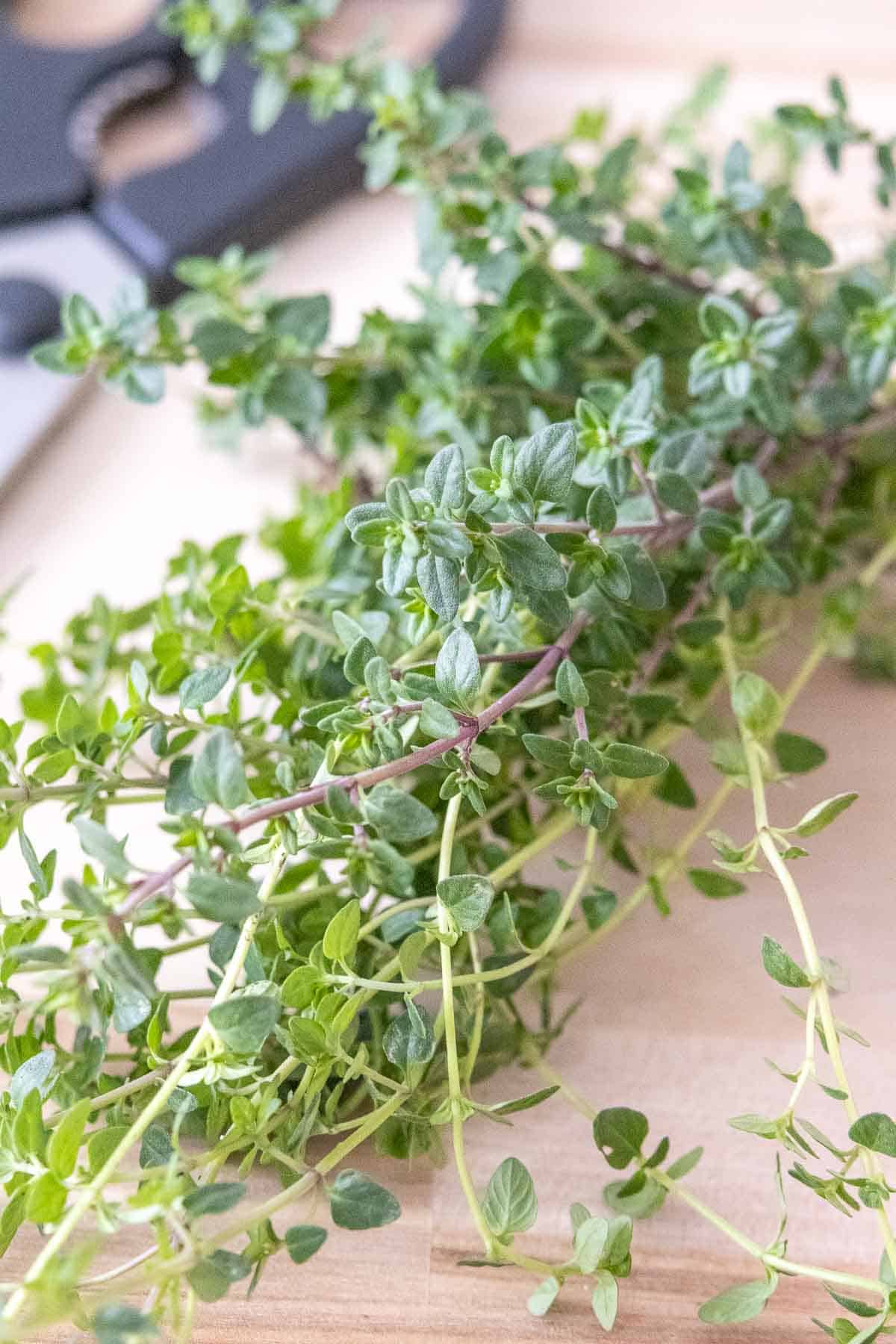 Fresh thyme on a board.