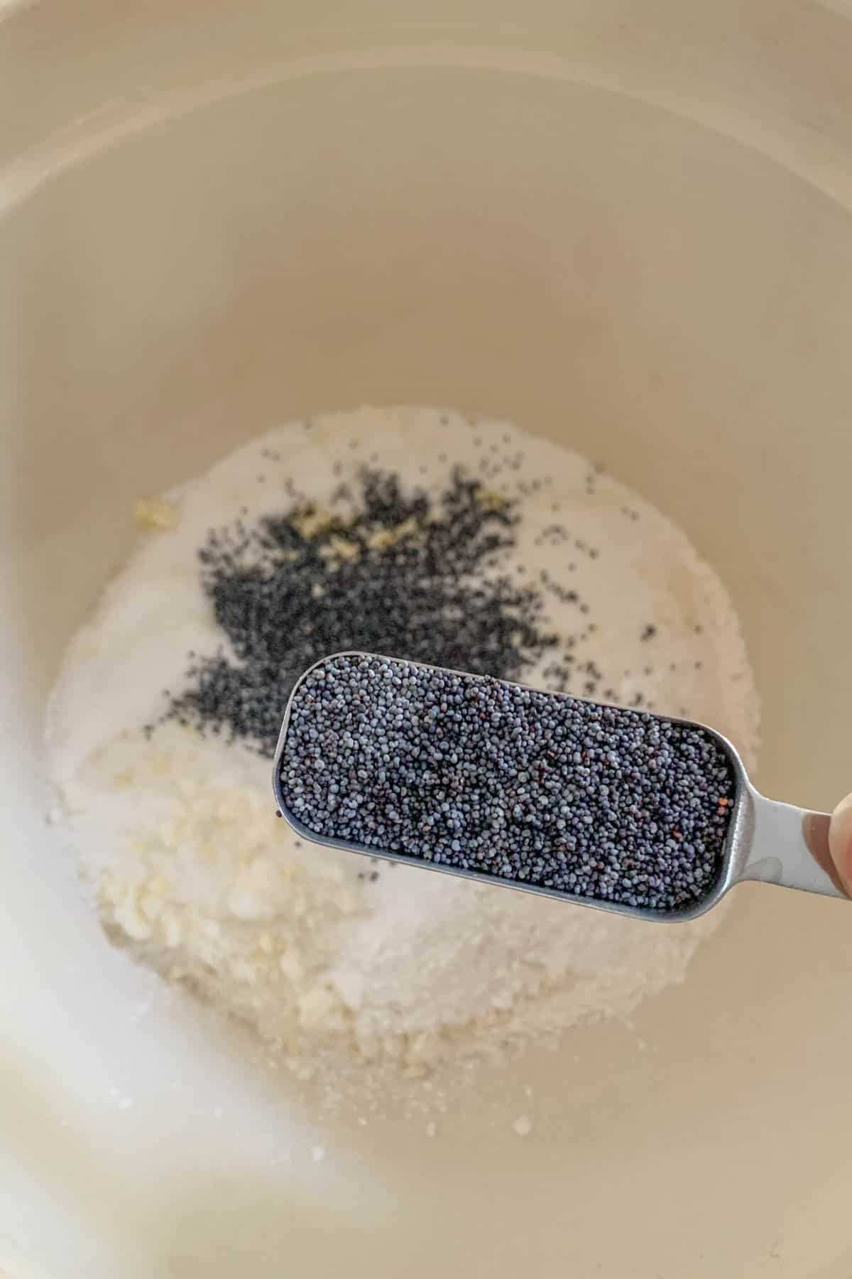 Spoonful of poppy seeds over a bowl of dry ingredients for lemon poppy seed bread.