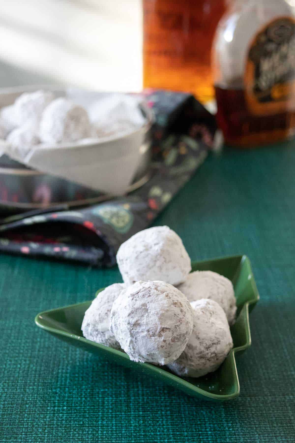 Maple bourbon balls in a tree shaped dish.