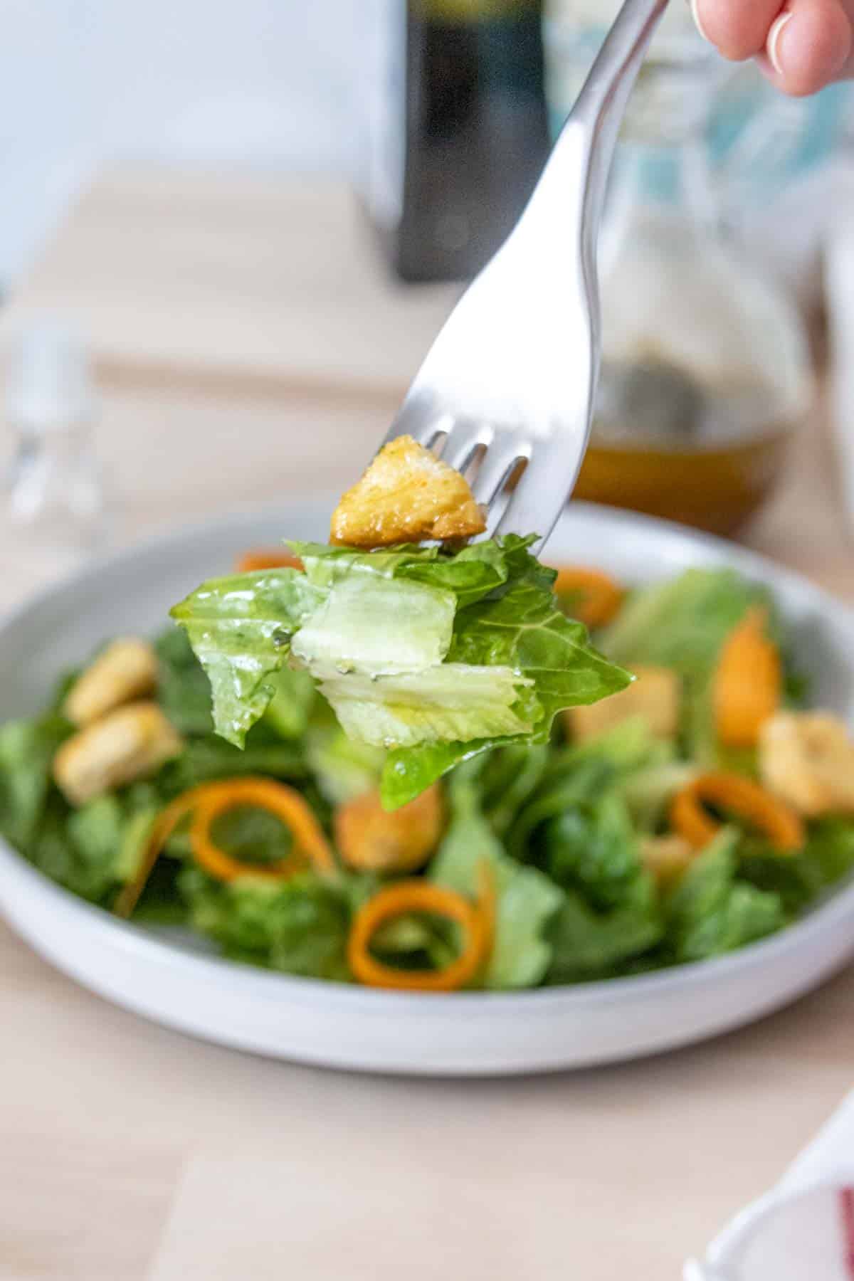 Fork holding salad and crouton.