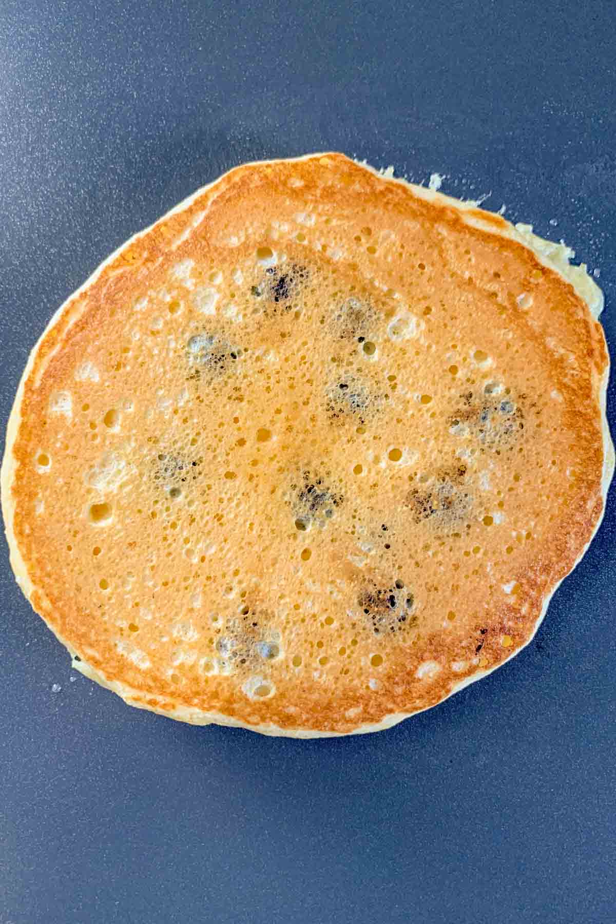 Cooked blueberry pancake on a griddle.