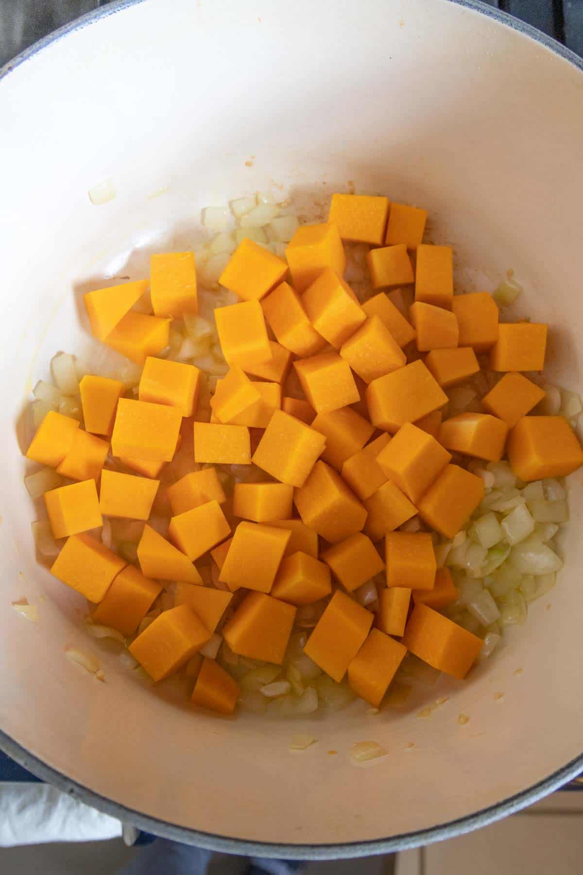 Butternut squash cubes and diced onion in dutch oven.