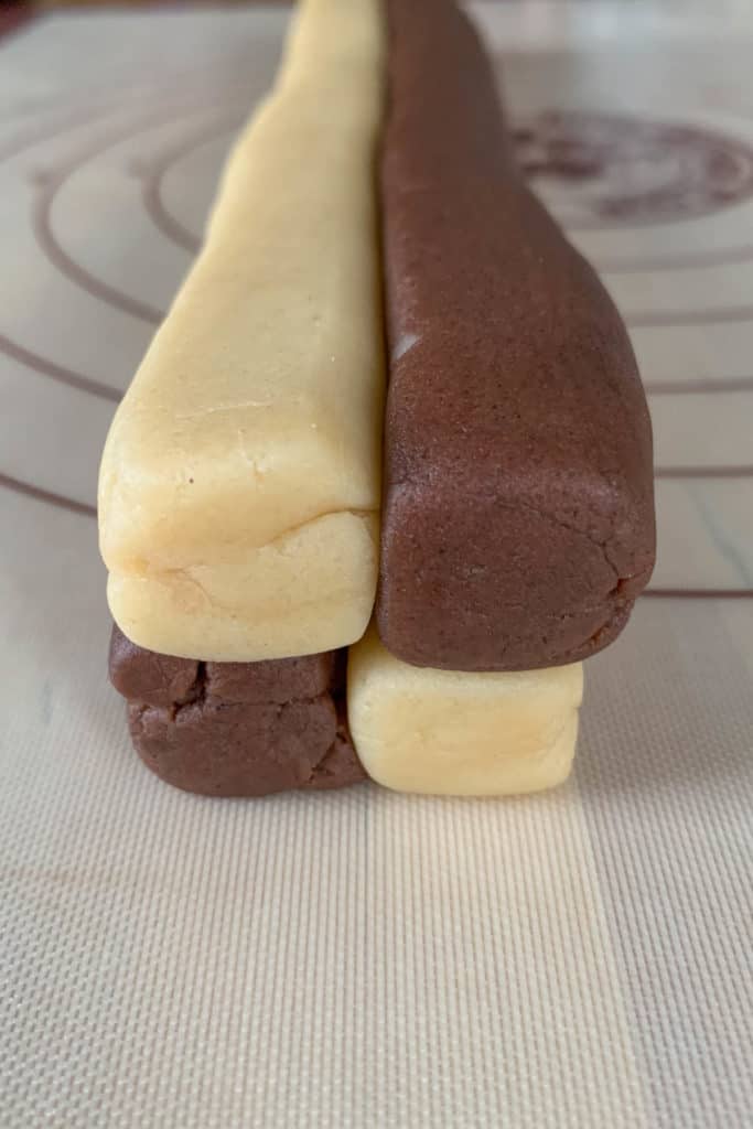 Stacked dough for checkerboard cookies.