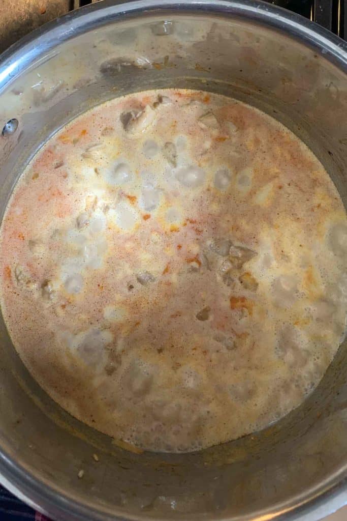 Chicken, broth, spices bubbling in a pot.