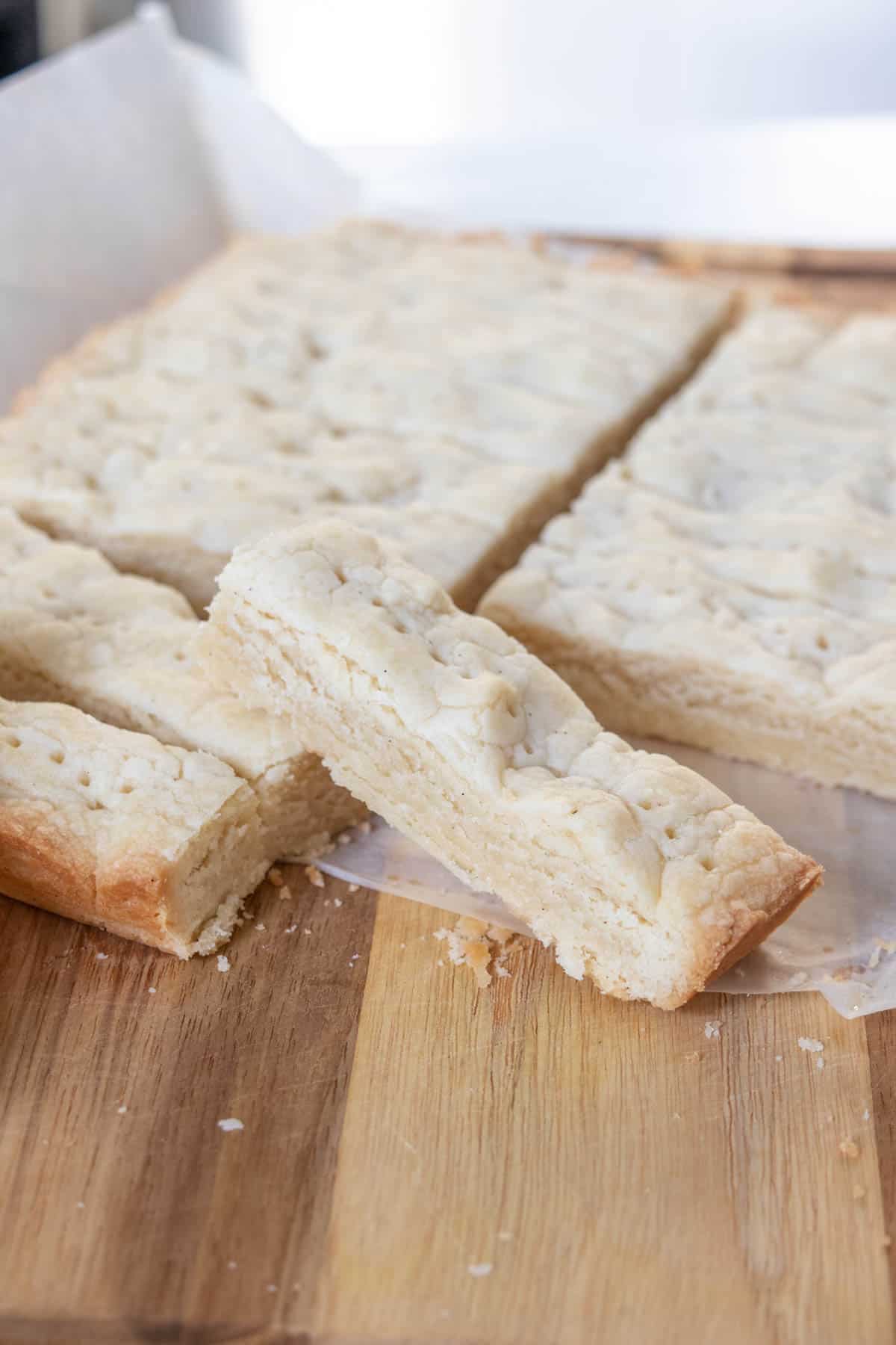 Sliced shortbread cookies on a cutting board.