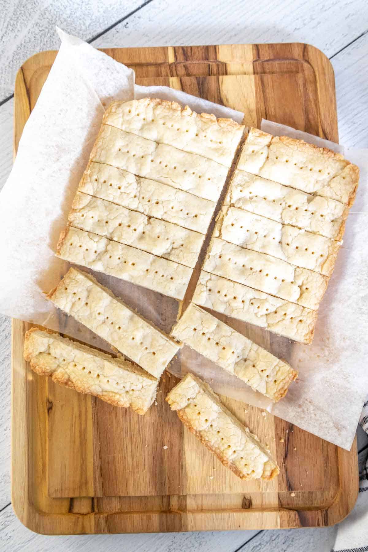 Sliced shortbread cookies on a cutting board from overhead.