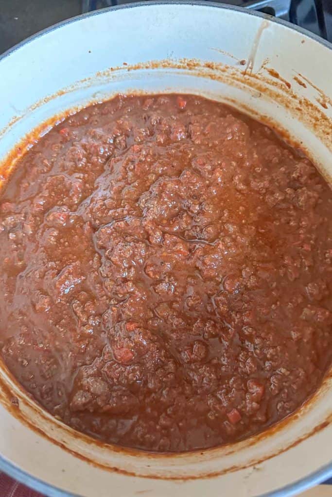 Simmered bison chili in a pot.