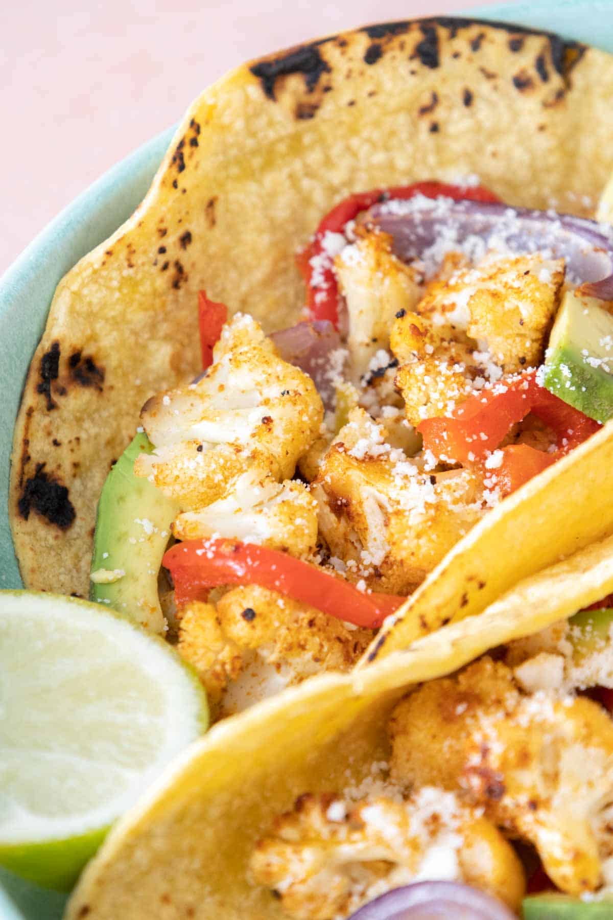 Close up of cauliflower tacos.