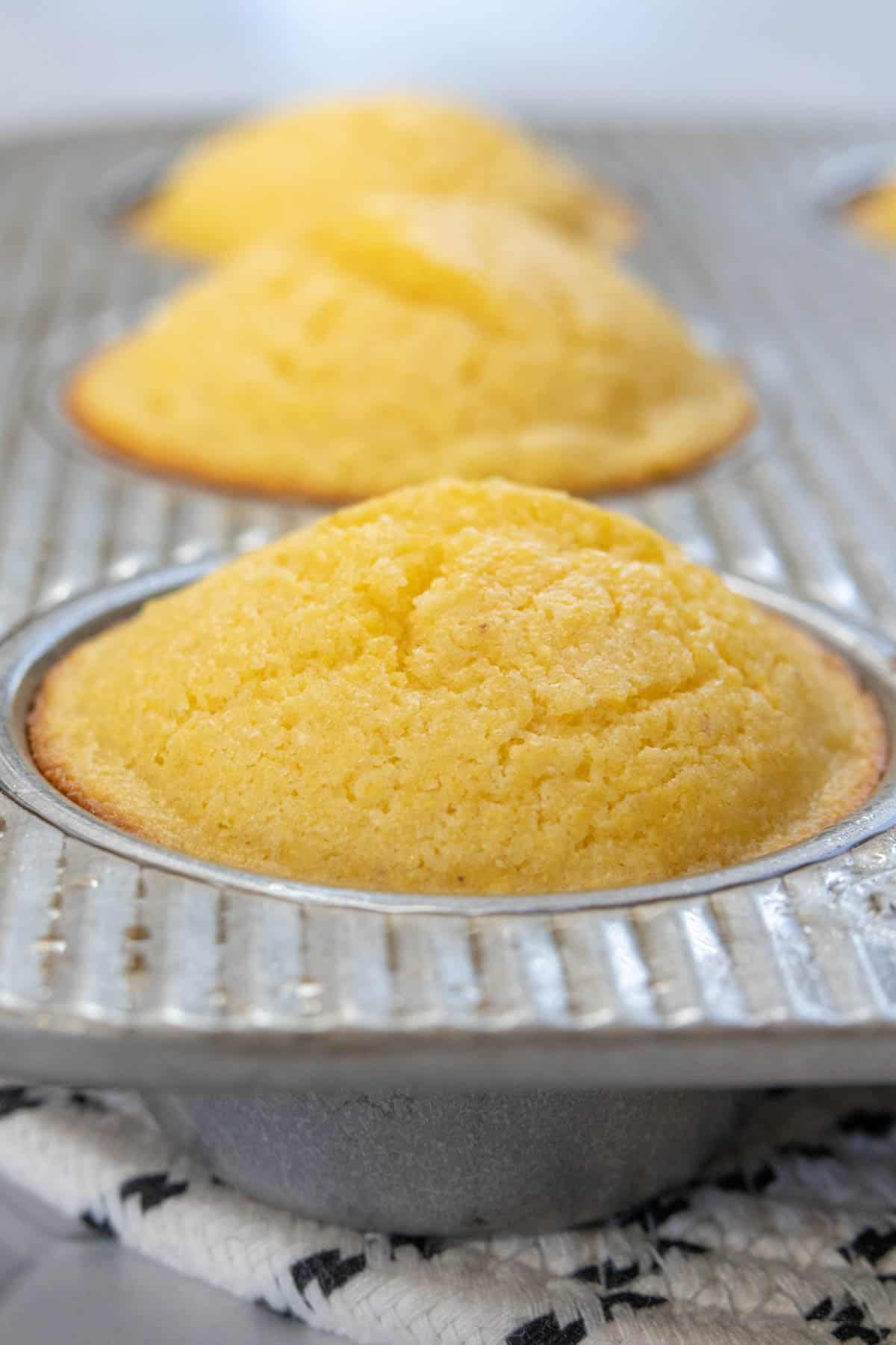 Baked corn muffins in a muffin pan.