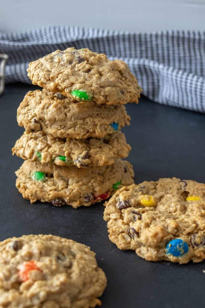 Stacked monster cookies.