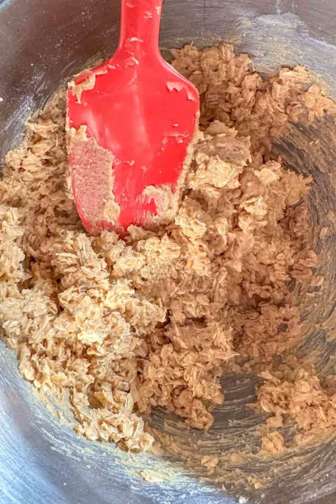 Oats stirred into cookie dough in mixing bowl.