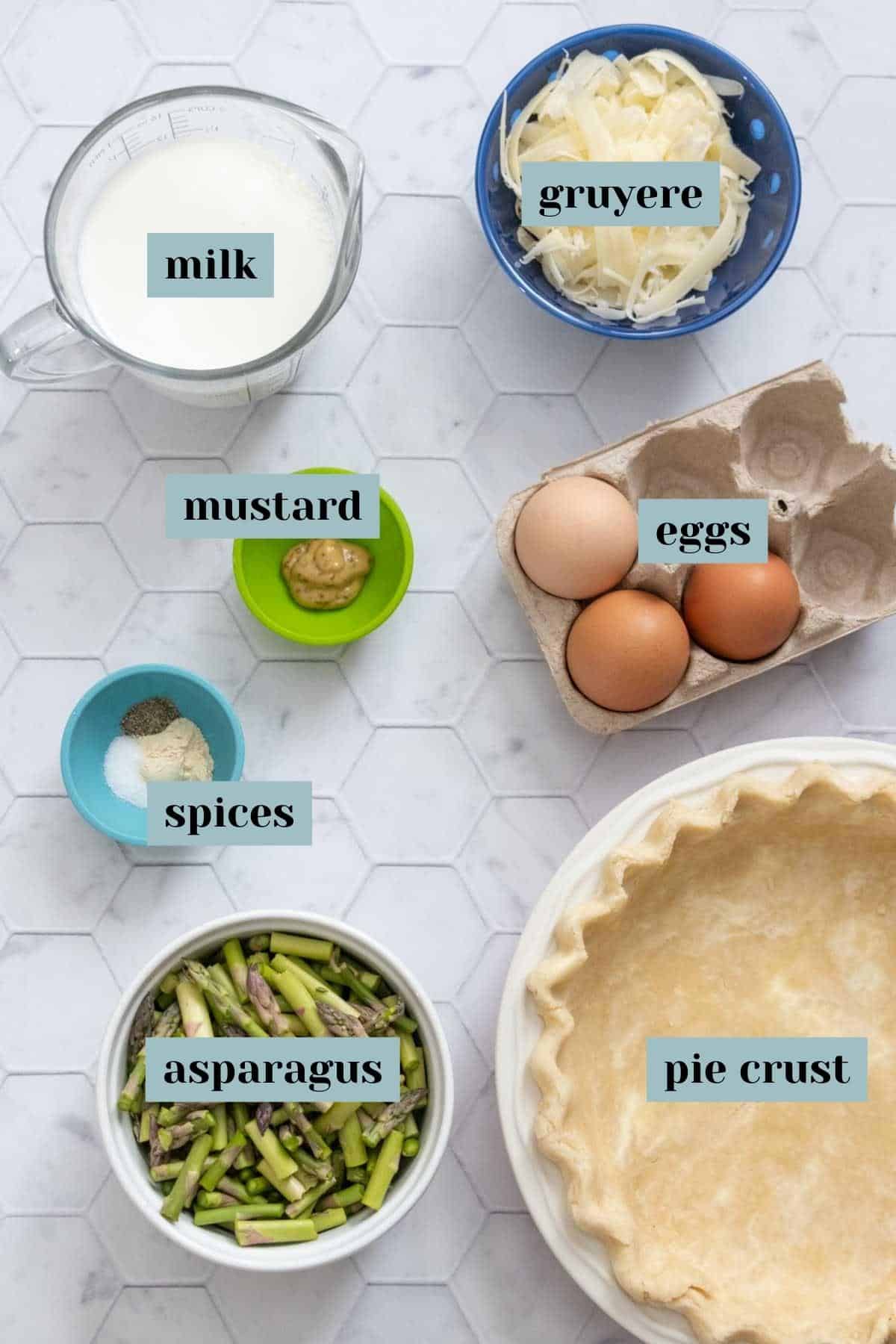 Ingredients for asparagus quiche on a tile surface with labels.