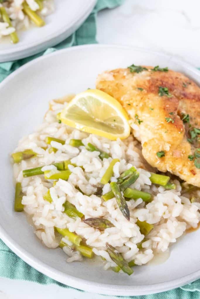 Plate of asparagus risotto.