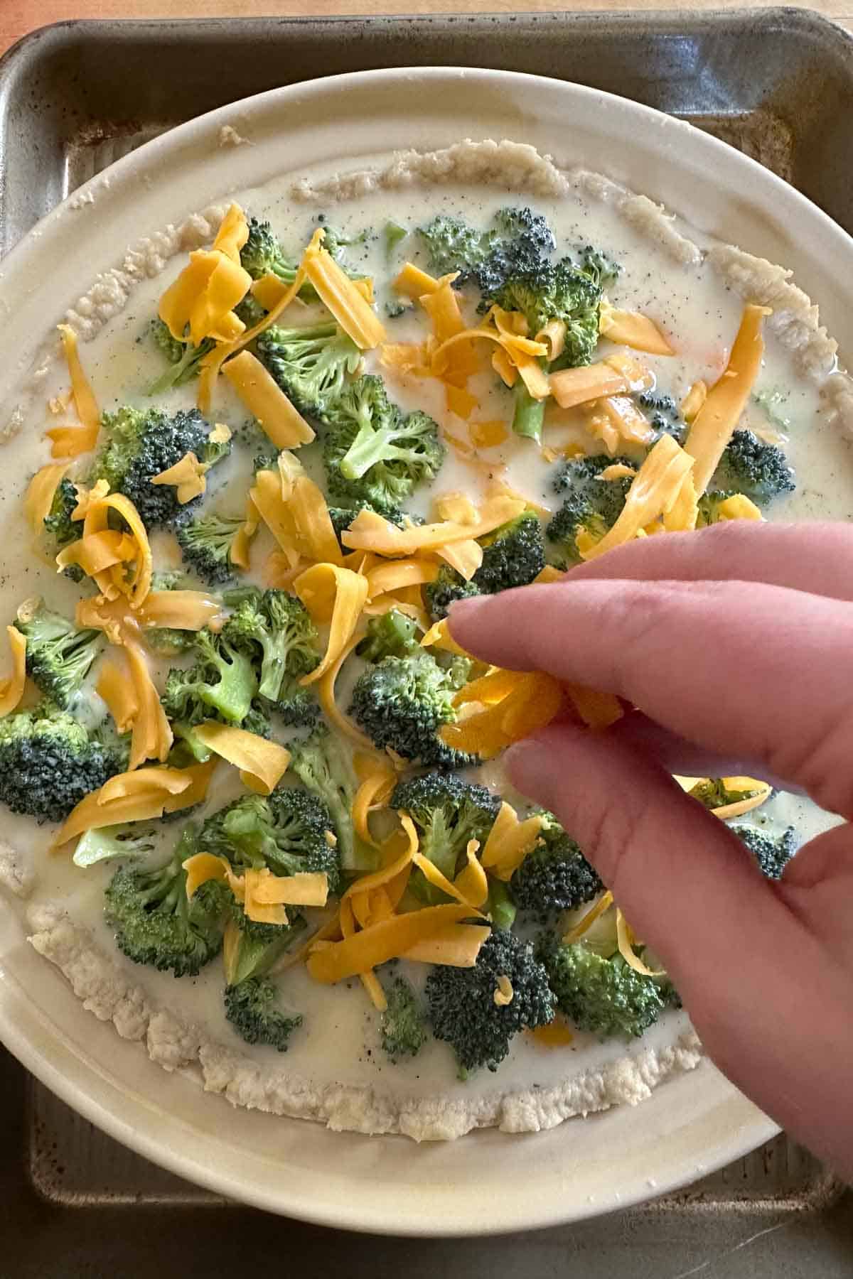 Adding cheese on top of unbaked broccoli cheddar quiche.
