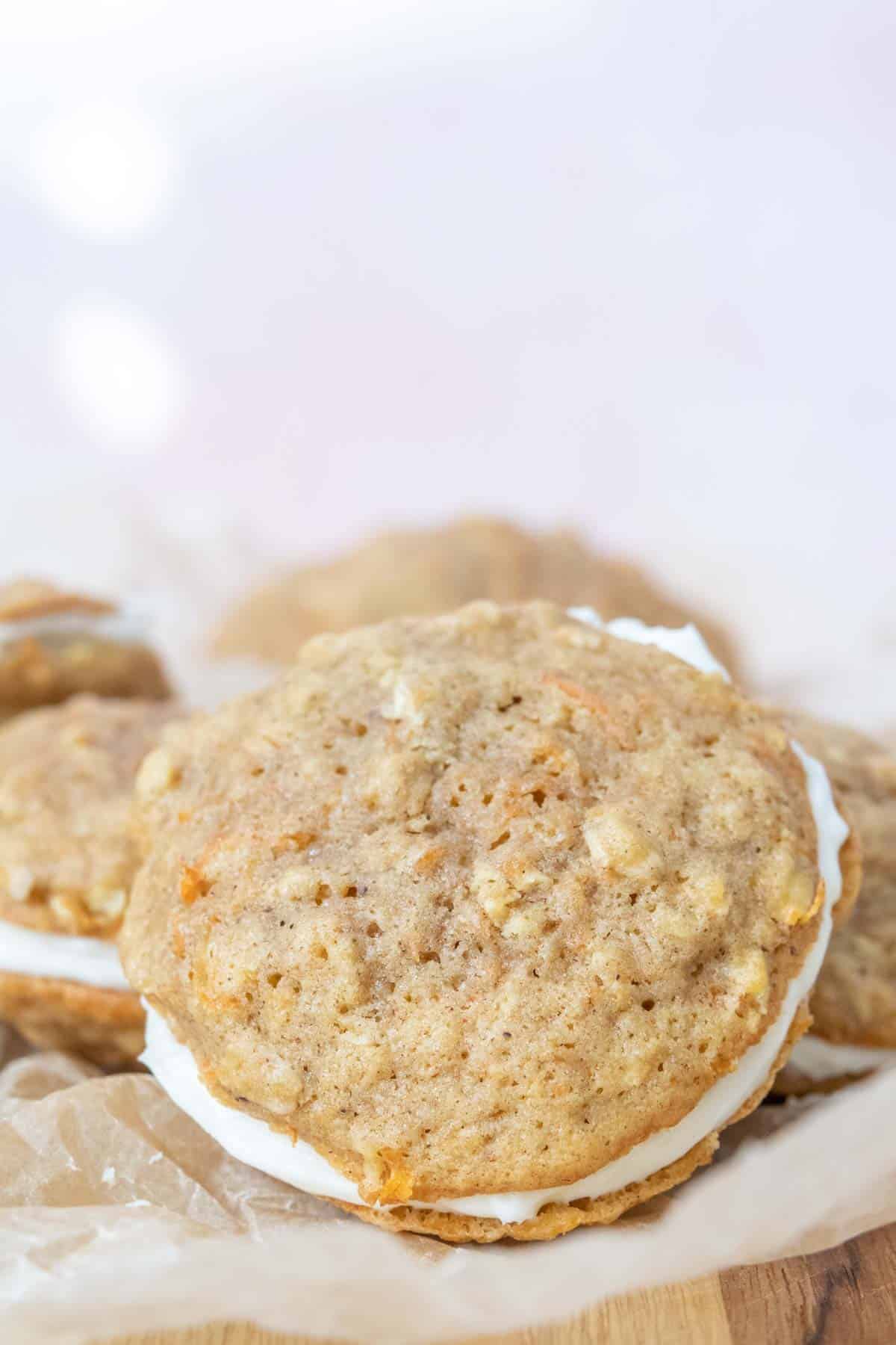 Carrot cake sandwich cookie close up.