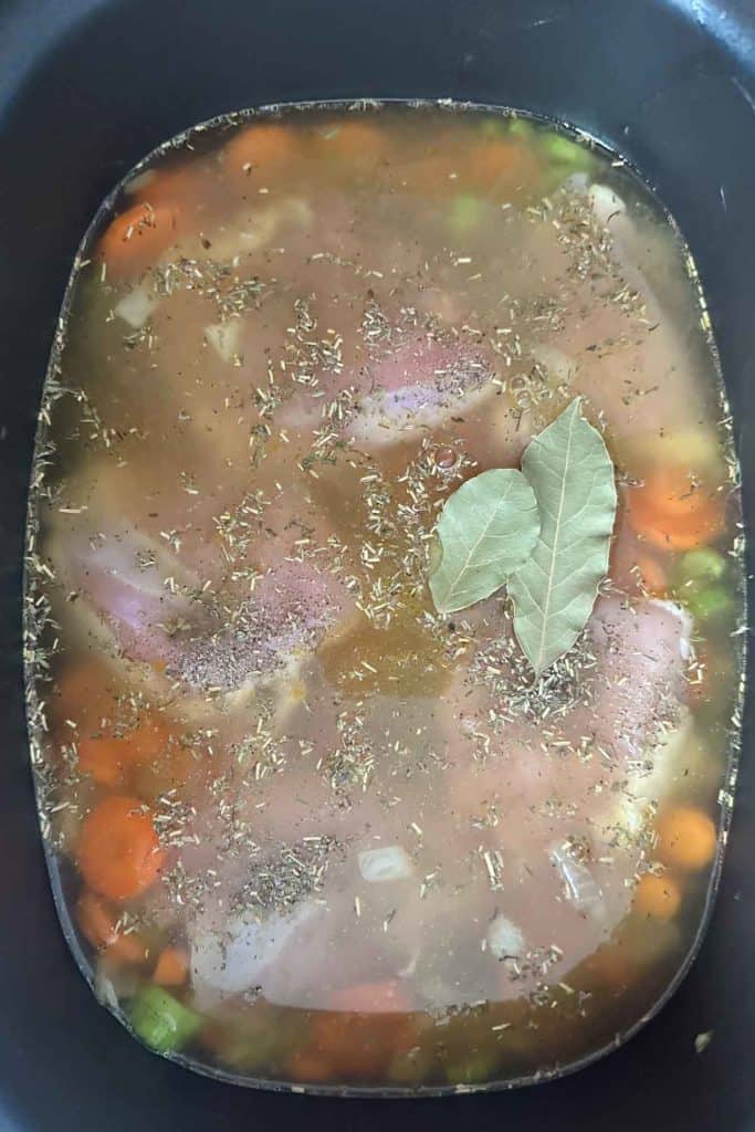 Chicken soup in a slow cooker.