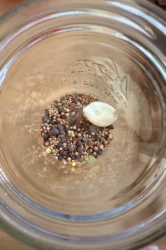 Pickling spice and garlic in a jar.